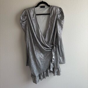 Pretty Little Thing Metallic Silver Puff Shoulder Wrap Dress